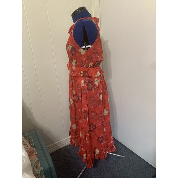Farm Rio Sheer Red Floral Halter Dress Medium Ruffle Hem Beachy Resort Travel - Picture 2 of 10